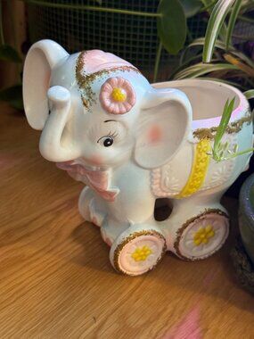 Napco Napcoware Ceramic Figural Circus Elephant Trunk-Up Planter, Vintage 1960s